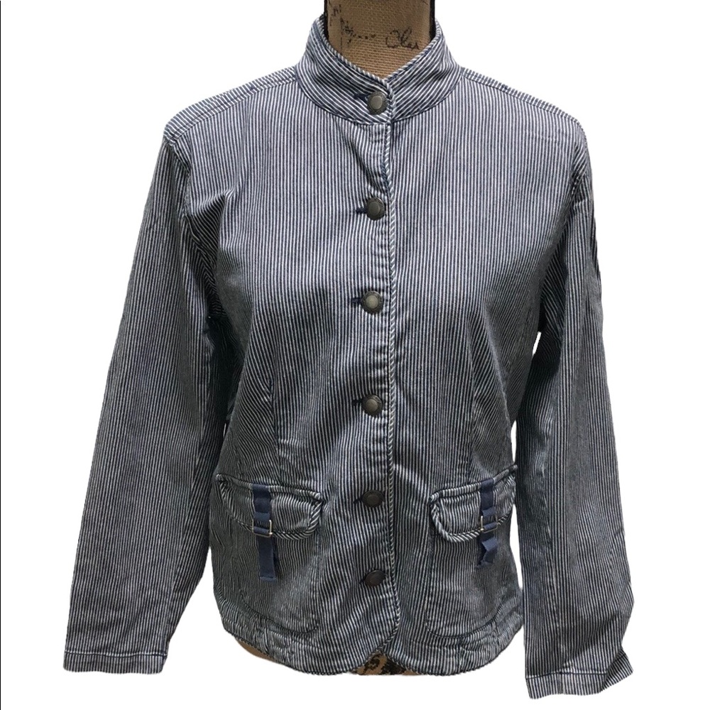{Chico's} Striped Denim Mock Neck Button Down Jacket With Pockets